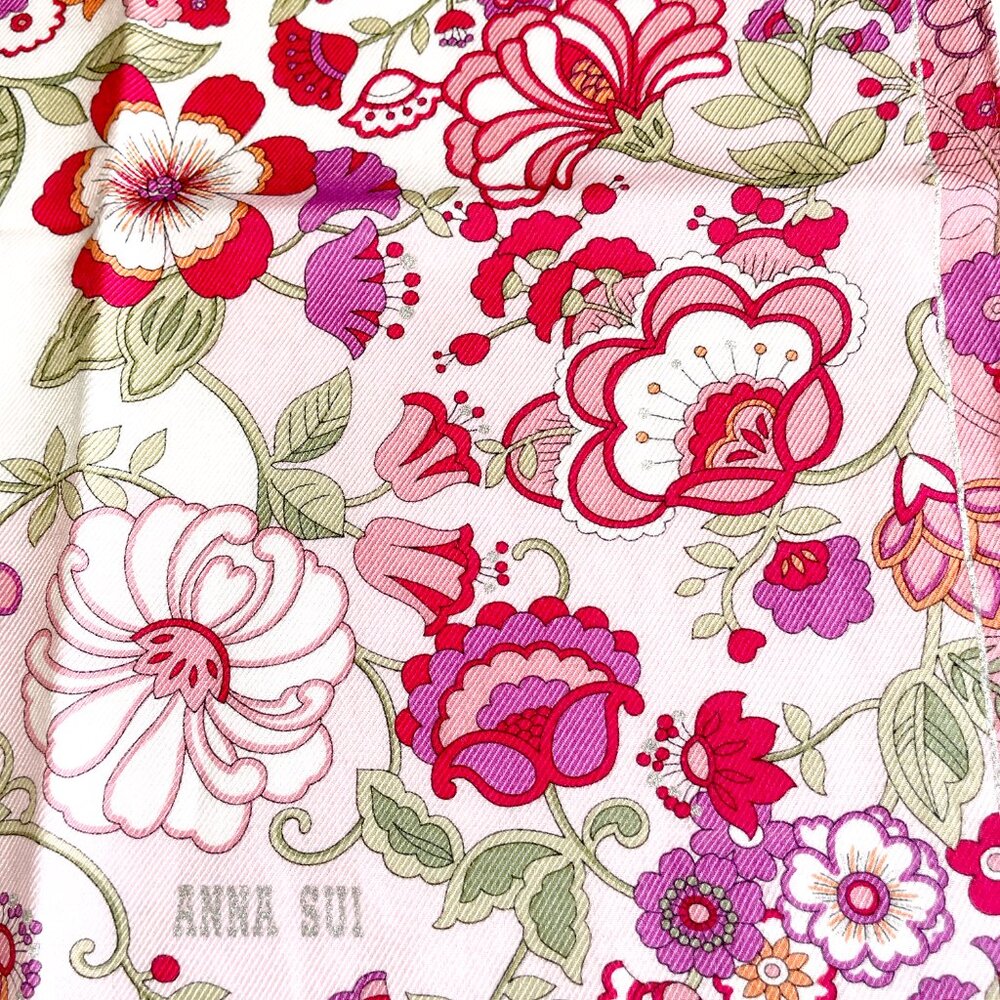 Anna Sui Pink Floral Cotton Scarf 22” Square Metallic Thread Boho Romantic - Picture 6 of 14